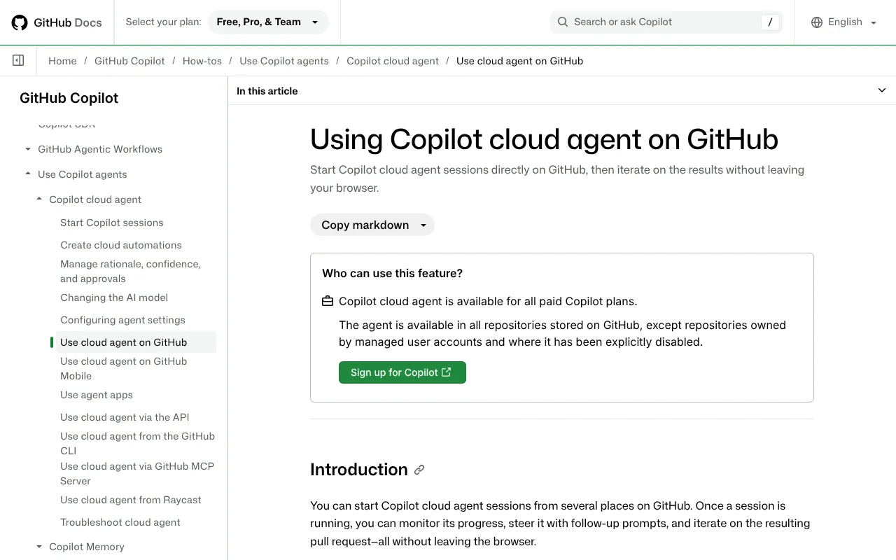 GitHub Docs page showing how to assign an issue to Copilot coding agent on GitHub.com