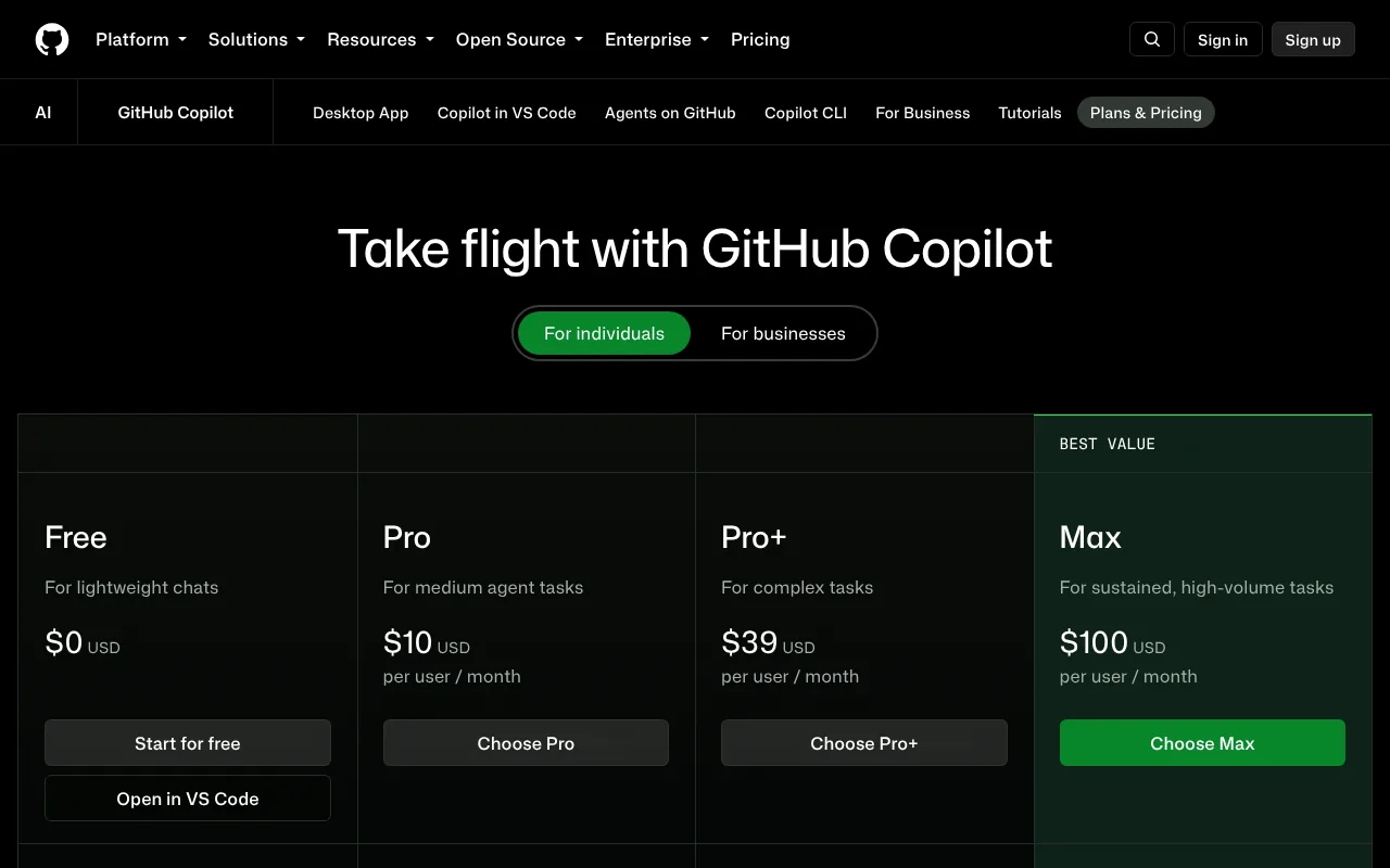 GitHub Copilot plans page showing Free at $0, Pro at $10, Pro+ at $39 and Max at $100 a month, in US dollars