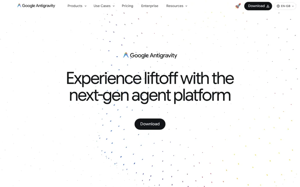 Google Antigravity homepage showing the Antigravity app, CLI, IDE and SDK