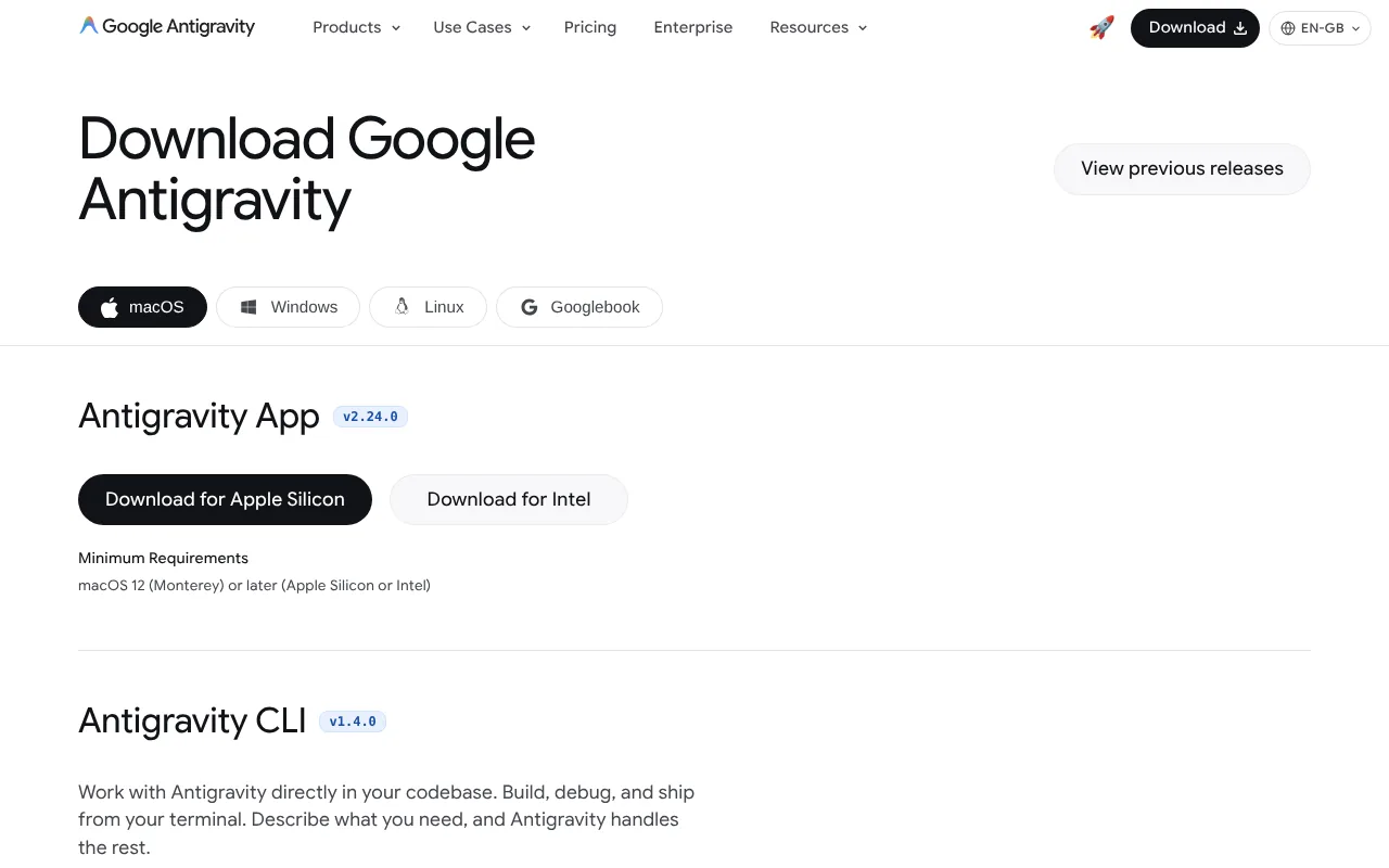 Google Antigravity download page with Mac, Windows and Linux installers and the Antigravity CLI install commands