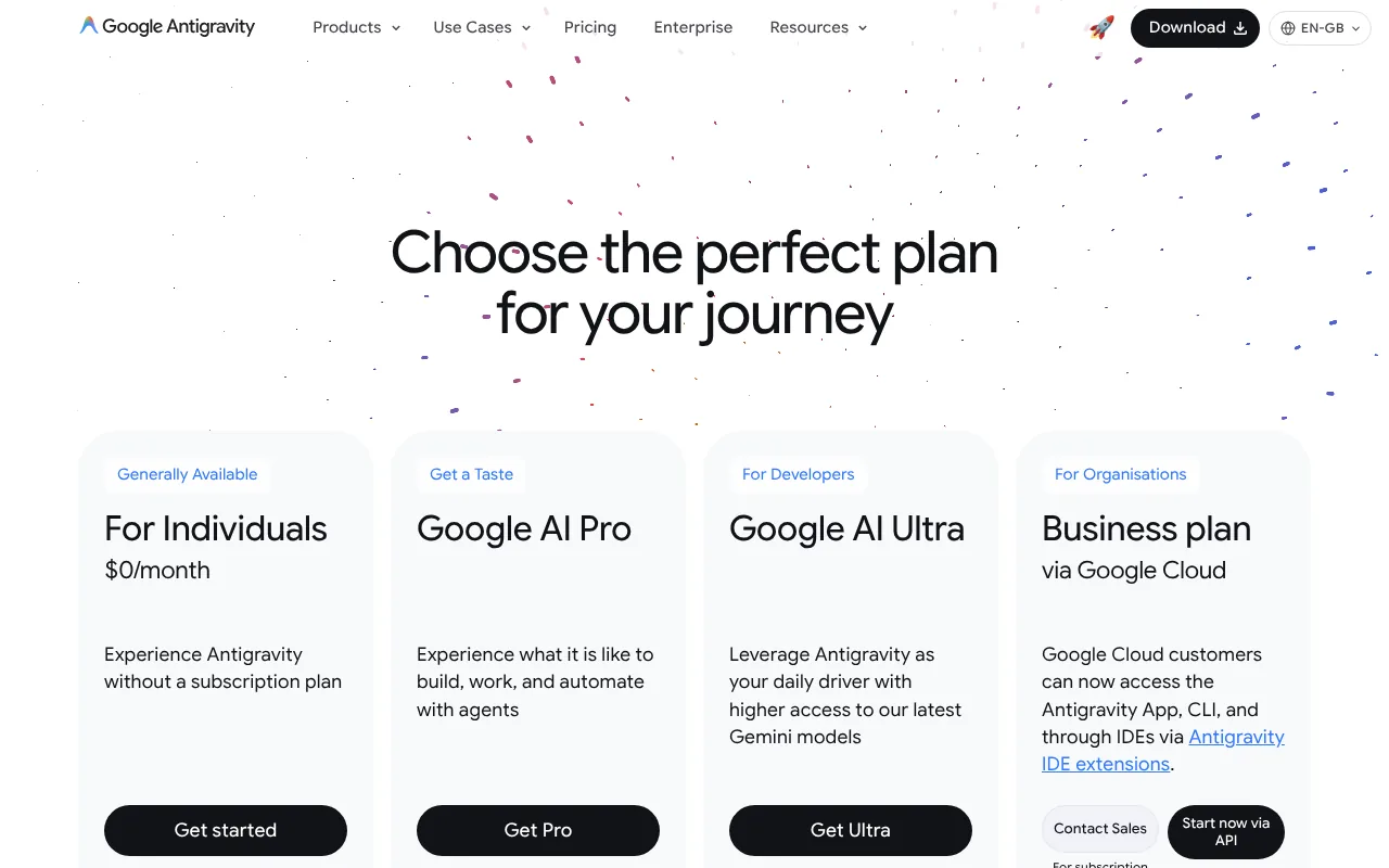 Google Antigravity pricing page showing the free Individuals plan, Google AI Pro, Google AI Ultra and business plans