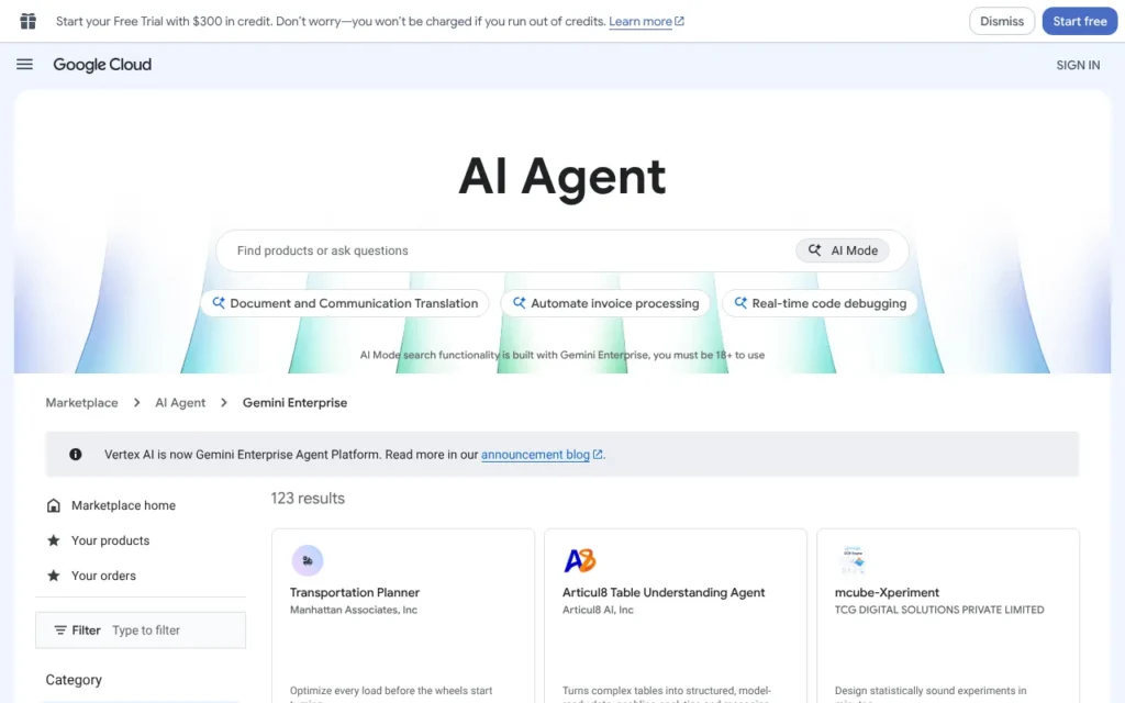 Google Cloud agent marketplace page, October 2026
