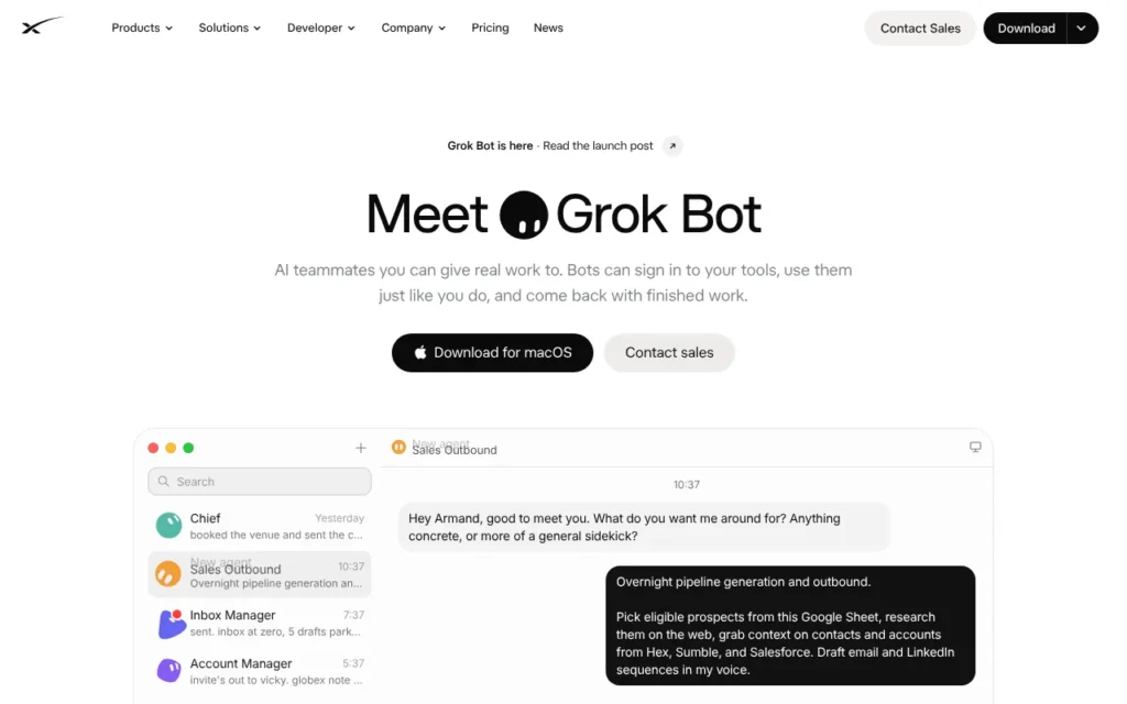 Grok Bot homepage at x.ai/bot, where SpaceXSI explains its always-on AI agents and offers the apps