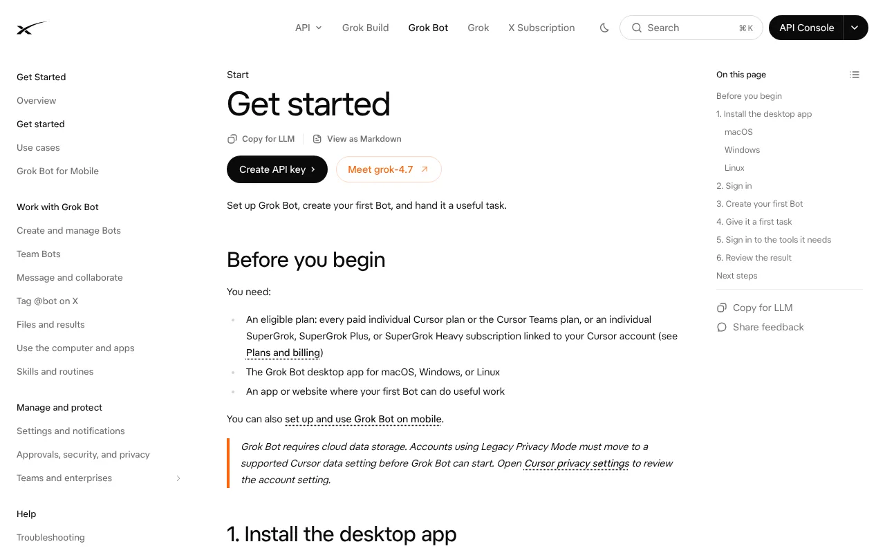 SpaceXSI's Grok Bot get started guide showing how to set up Grok Bot and create a first Bot