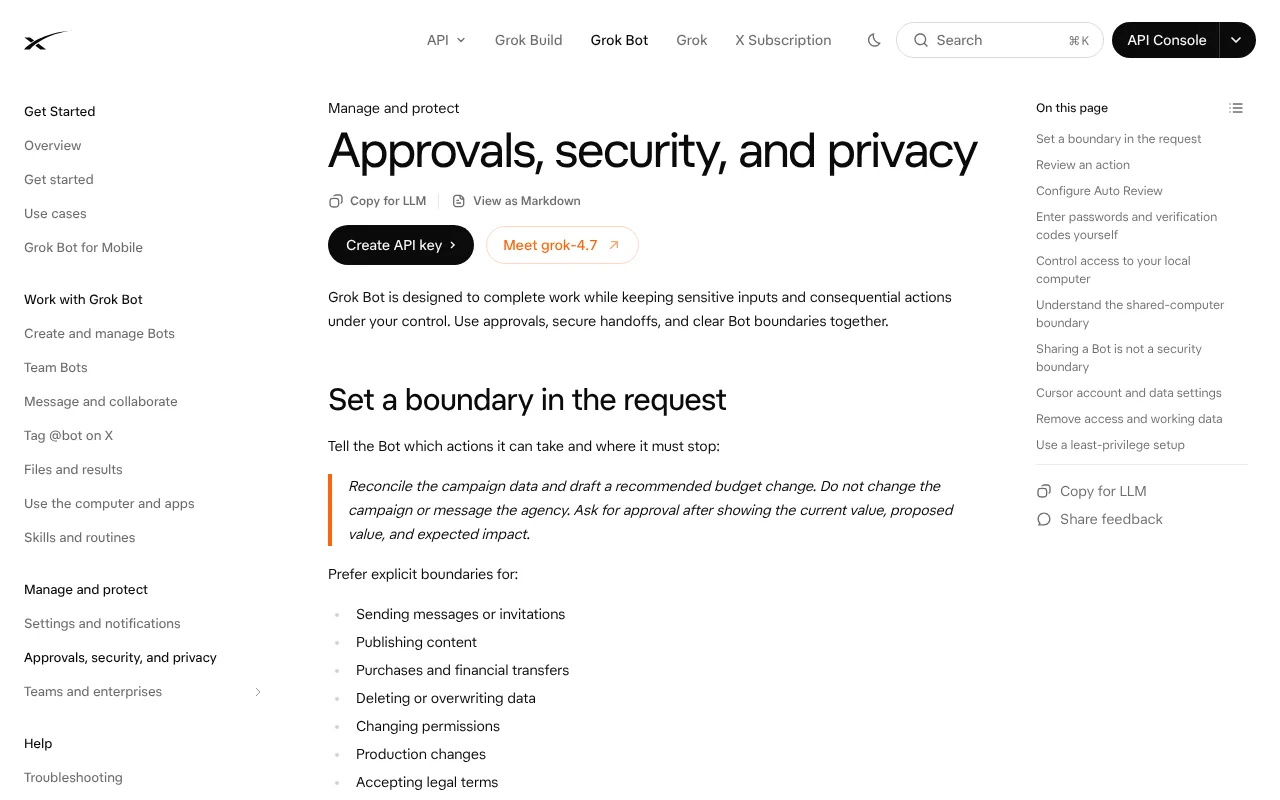 Grok Bot documentation page on approvals, security and privacy, listing actions to keep behind your approval