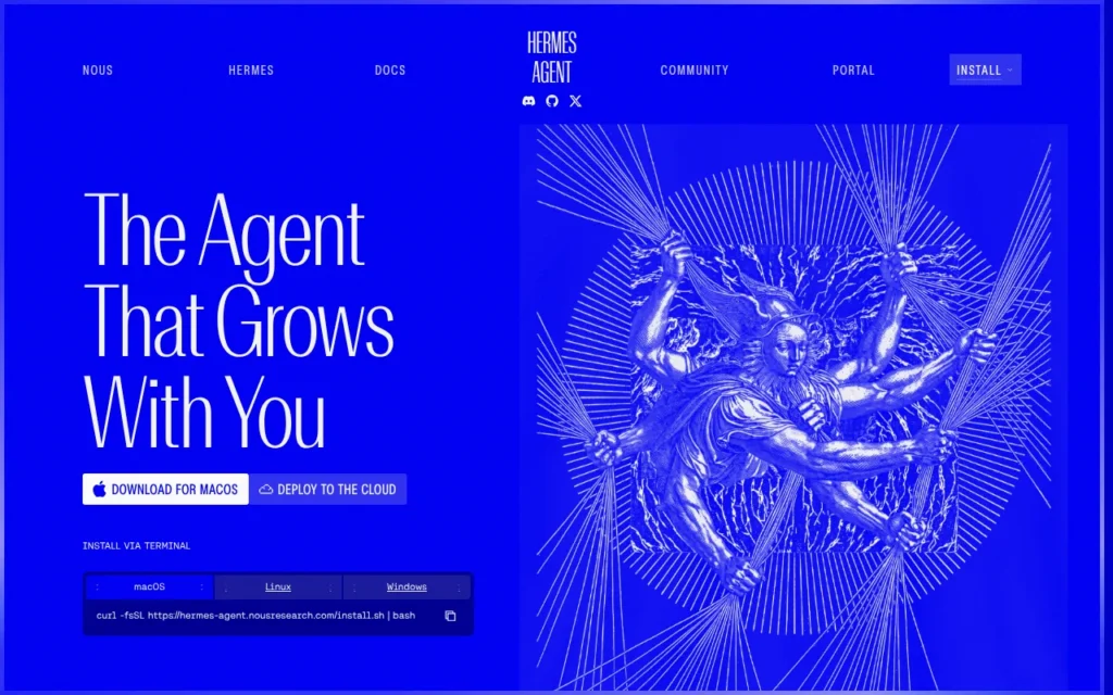 Hermes Agent home page with the download and install options
