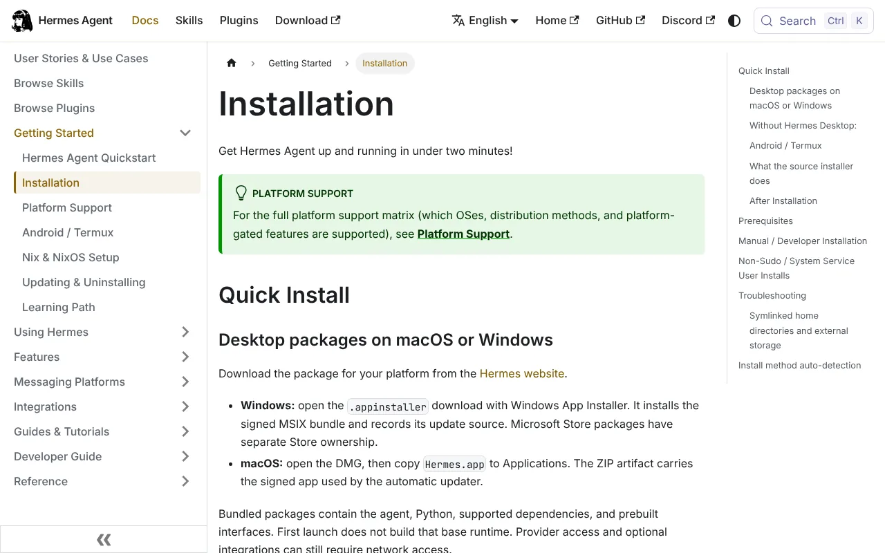 Hermes Agent install guide showing the terminal install command for macOS and Linux