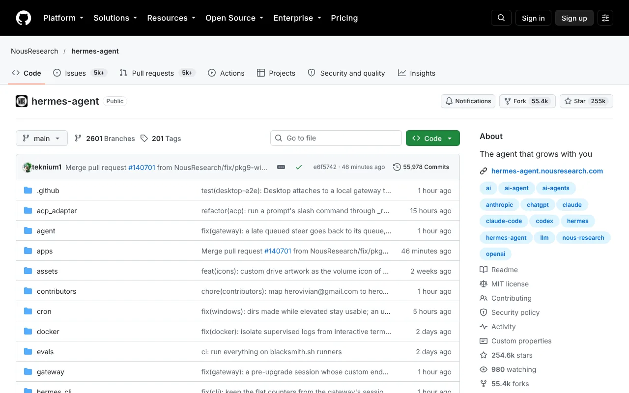 Hermes Agent GitHub repository from Nous Research, open source under the MIT licence