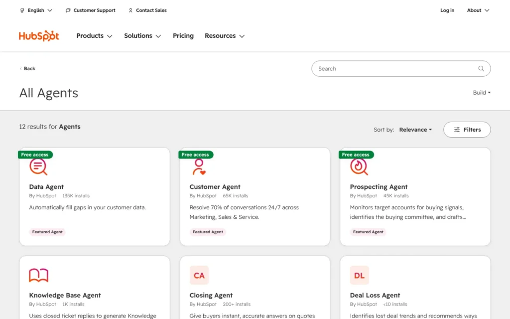 HubSpot Agent Marketplace page, October 2026