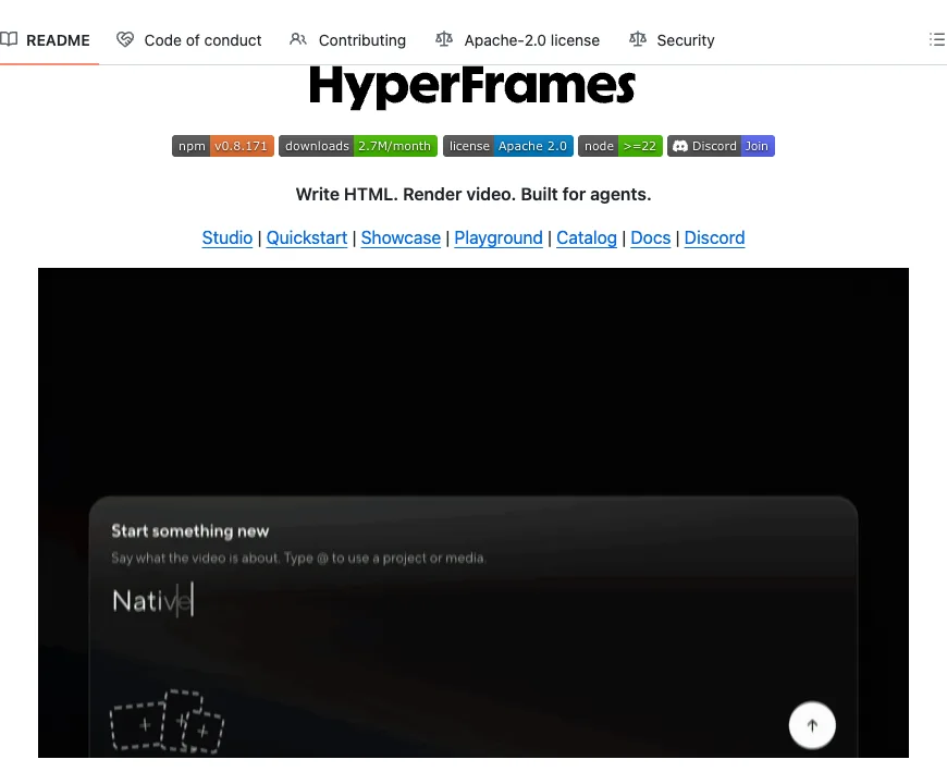 README for HyperFrames: Write HTML. Render video. Built for agents.