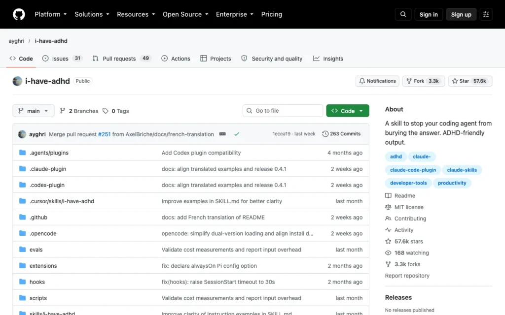 GitHub page for ayghri/i-have-adhd, a skill for answer-first, ADHD-friendly replies