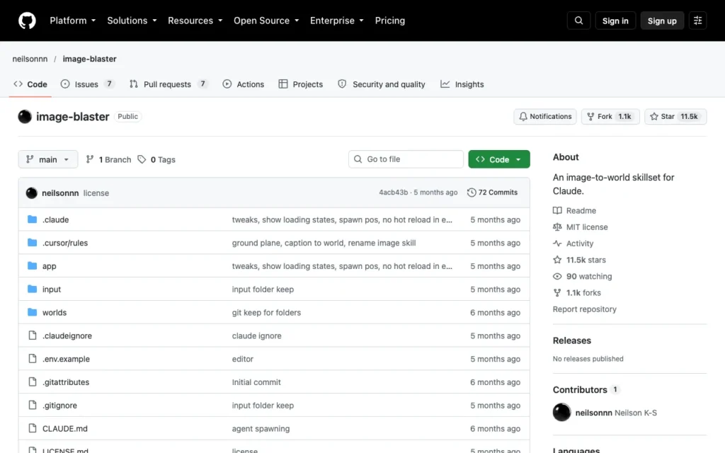 GitHub page for neilsonnn/image-blaster, skills that turn one image into a 3D world