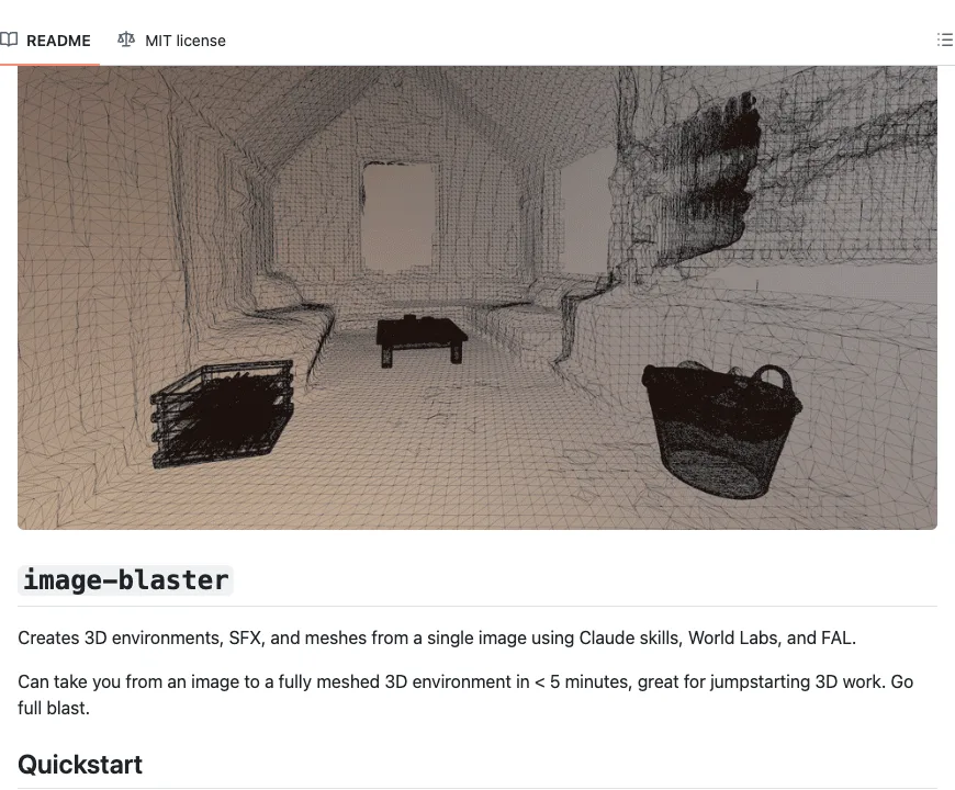 README for image-blaster: a room rebuilt as a 3D mesh from a single image