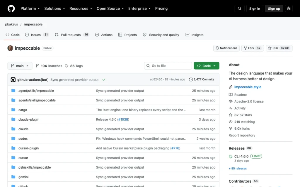 GitHub page for pbakaus/impeccable, design commands and anti-slop checks for coding agents