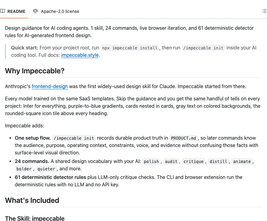 README for impeccable: 1 skill, 24 commands and 61 detector rules for AI-made frontends