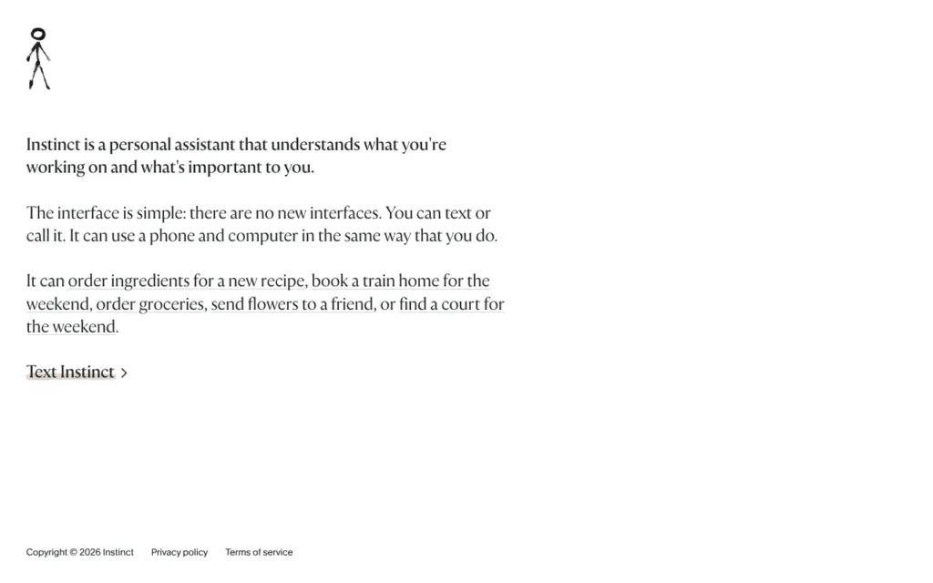 Instinct AI homepage with its Text Instinct button, the sign-up route for the Instinct personal AI agent