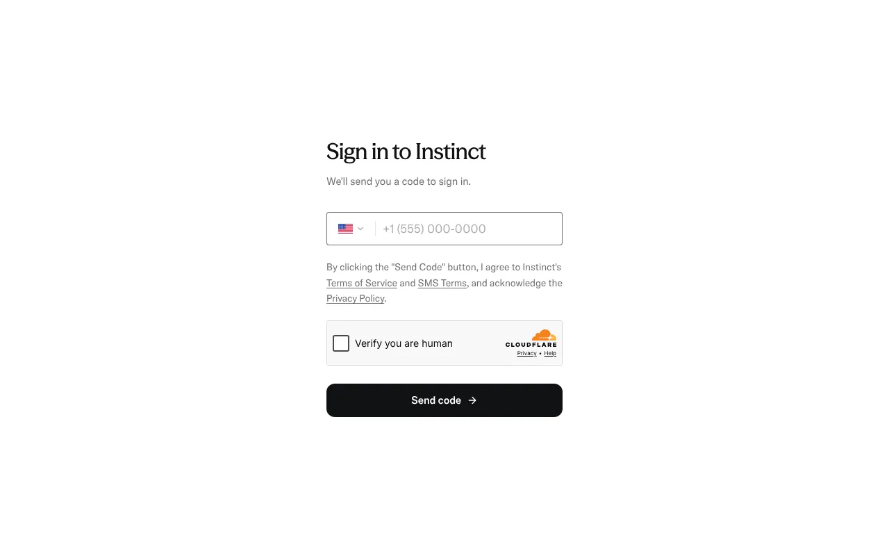 Instinct AI sign-in and waitlist page asking for a phone number, with the UK +44 country code selected