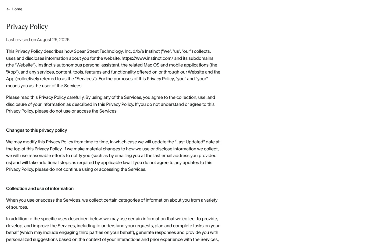 Instinct AI privacy policy page covering AI training, connected accounts and data deletion