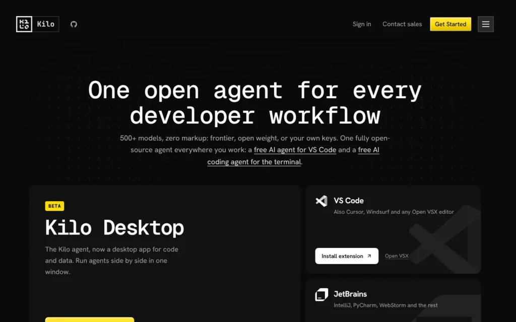 Kilo Code website: a free, open-source AI coding agent