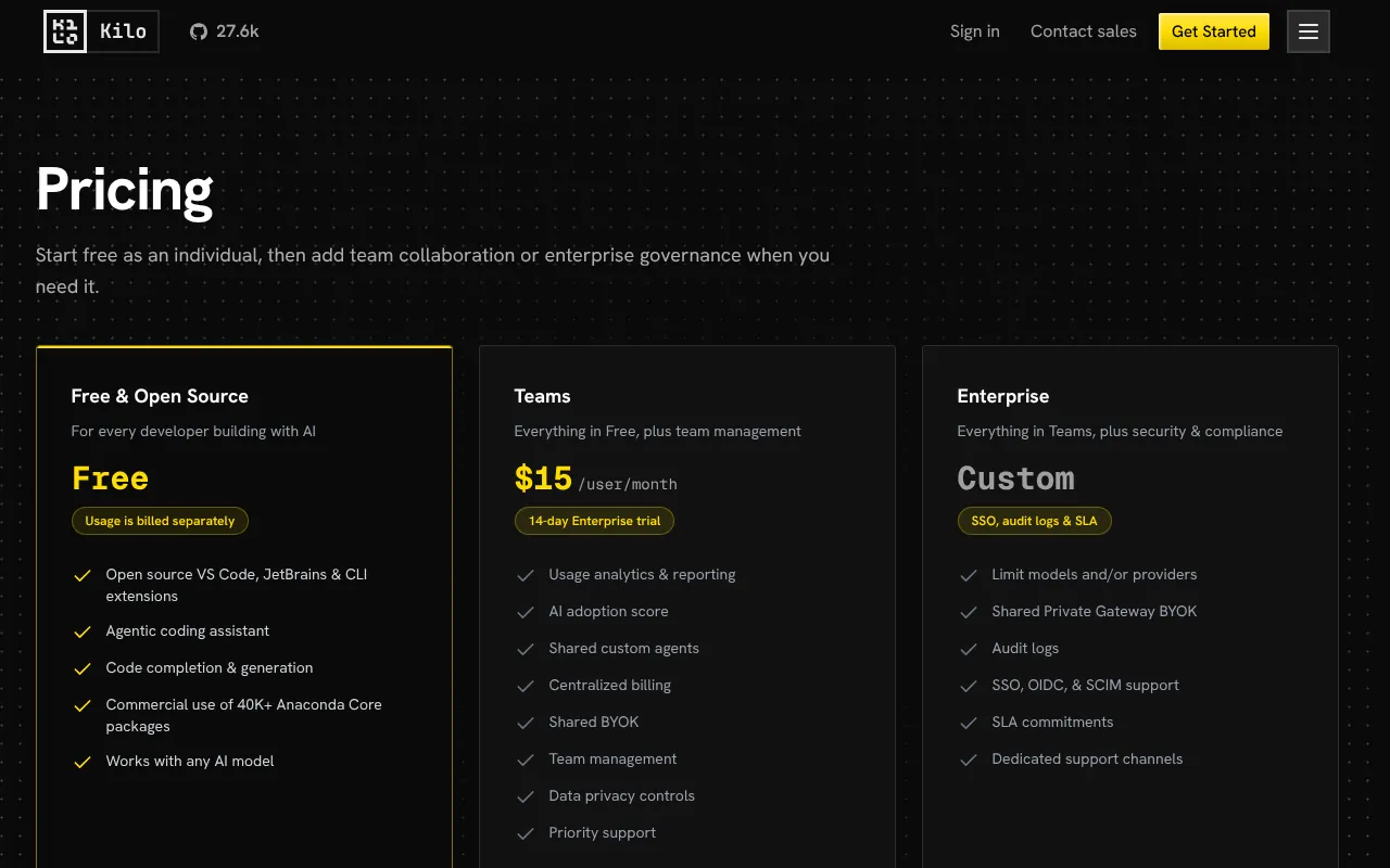 Kilo Code pricing page, October 2026