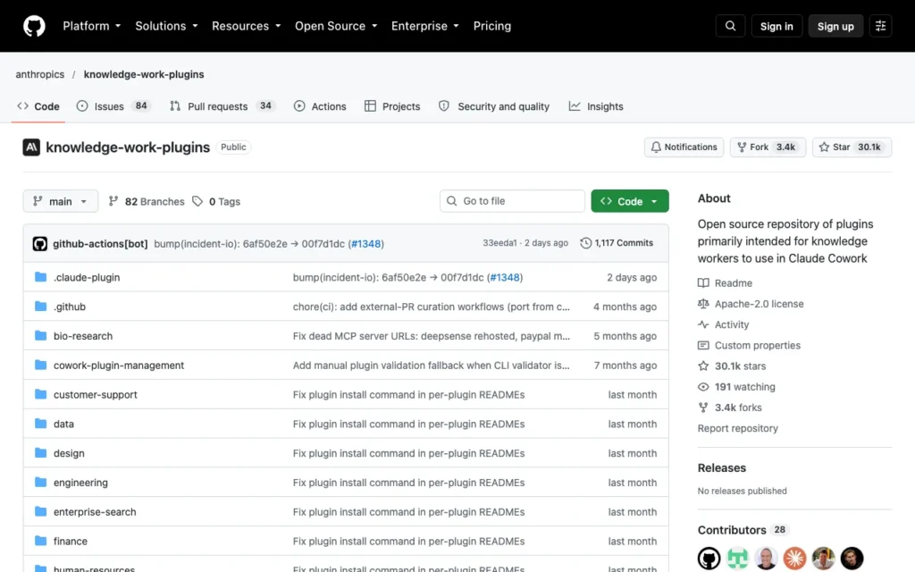 GitHub page for anthropics/knowledge-work-plugins, Anthropic's plugins for non-coding roles
