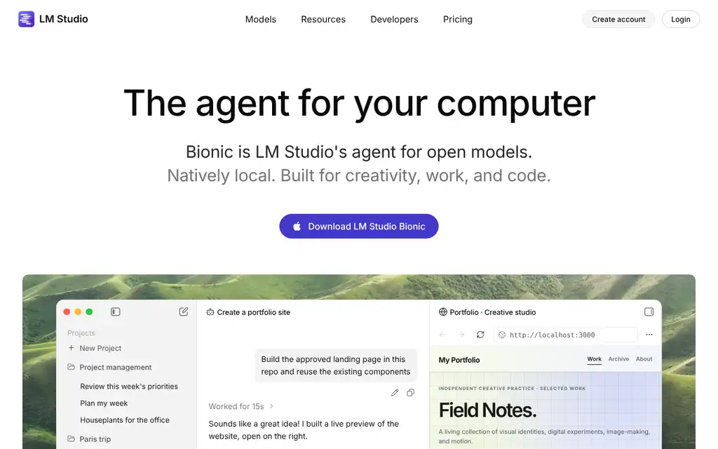 LM Studio Bionic product page with the headline The agent for your computer, a purple download button and an app window showing projects, a chat and a live website preview