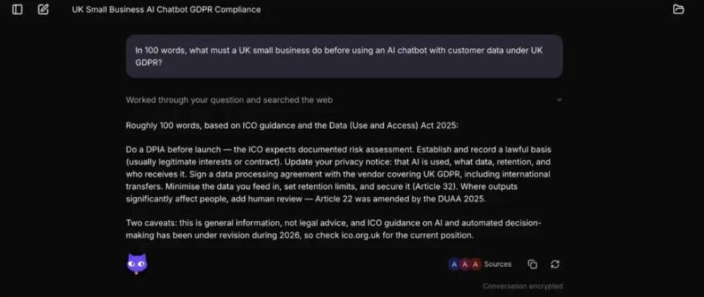 Proton Lumo 2.0 Max answer to the UK GDPR chatbot question, citing ICO guidance and the Data (Use and Access) Act 2025, with a Conversation encrypted label