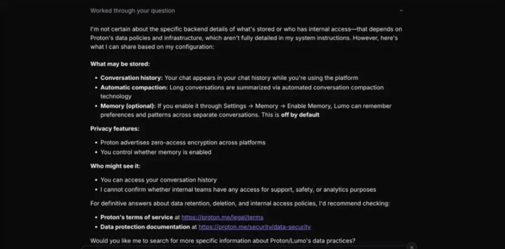 Proton Lumo answer saying it is not certain about backend storage, listing conversation history, compaction and optional memory, and that it cannot confirm internal access
