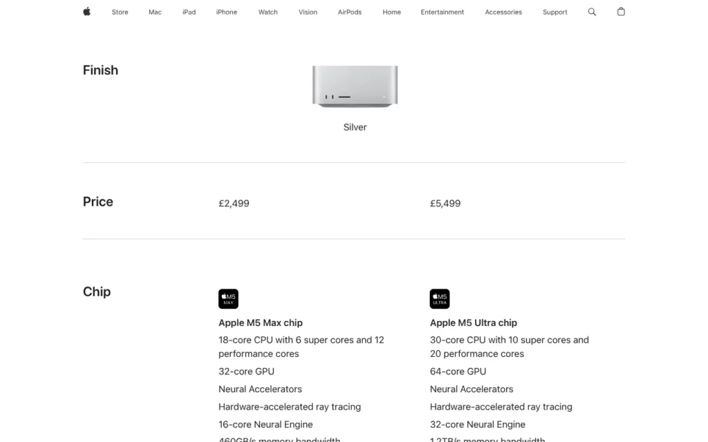 Mac Studio M5 Max and M5 Ultra prices on Apple UK, October 2026