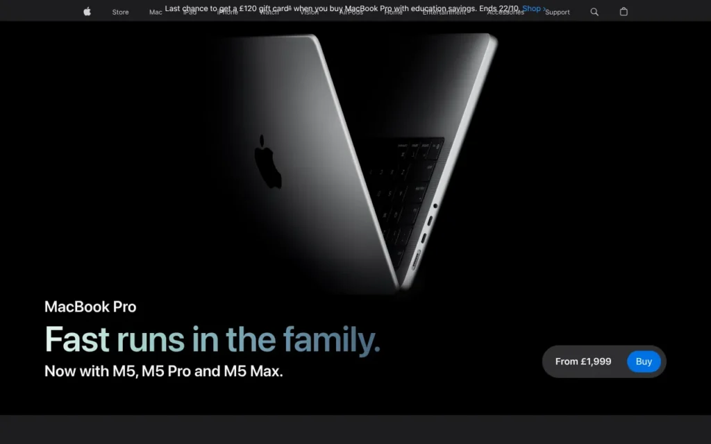 MacBook Pro with M5 Pro and M5 Max on Apple UK, October 2026