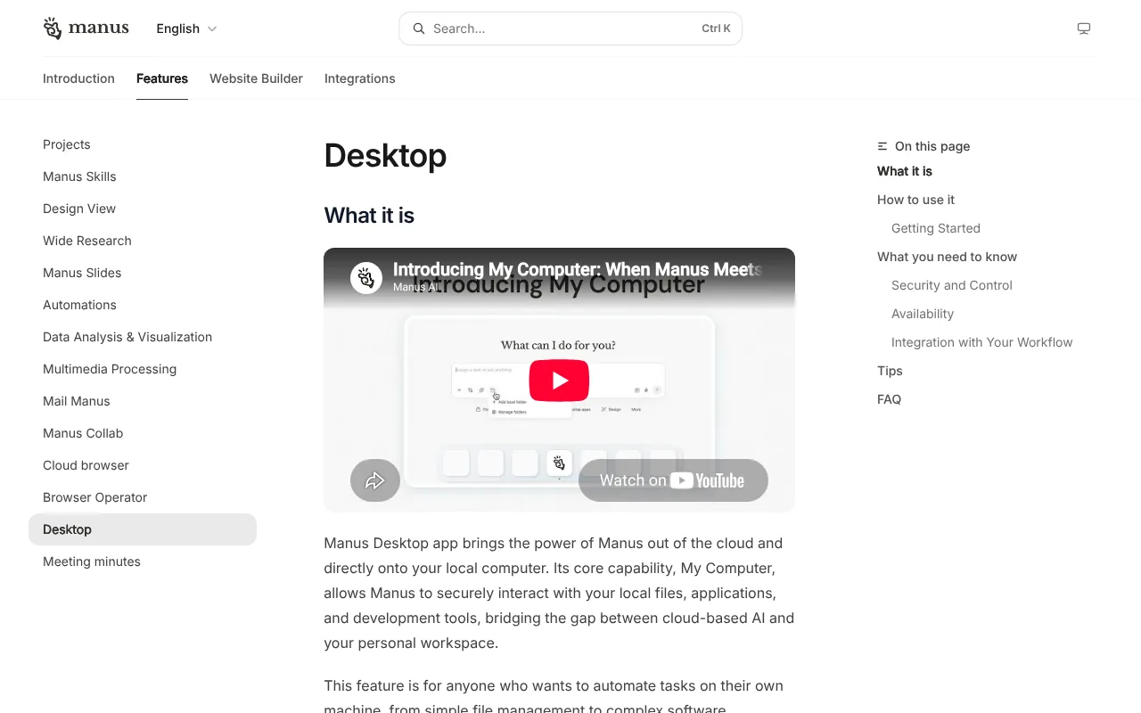 Manus AI desktop app documentation explaining My Computer folder access and command approvals