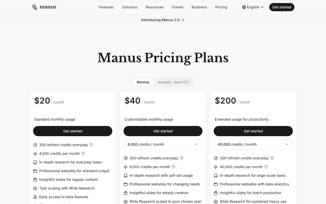 Manus AI pricing page showing plans at $20, $40 and $200 a month with monthly credits