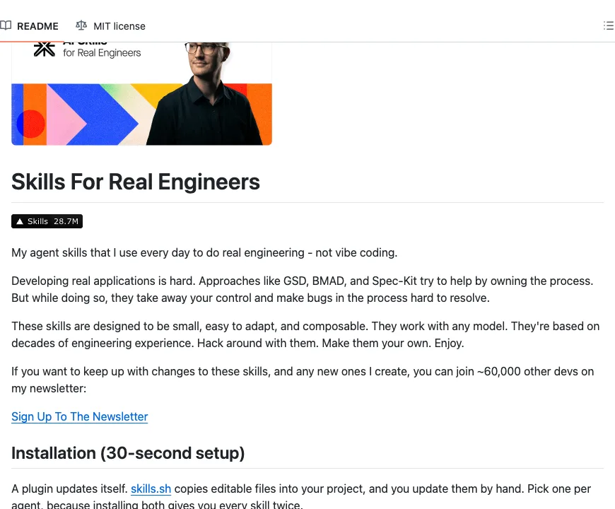 README for mattpocock/skills, headed Skills For Real Engineers