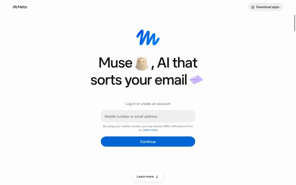 Meta Muse sign-in page, which describes Muse as AI that sorts your email