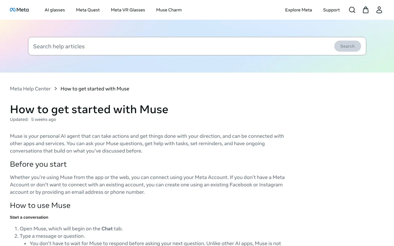 Meta Help Center page explaining how to get started with Meta Muse