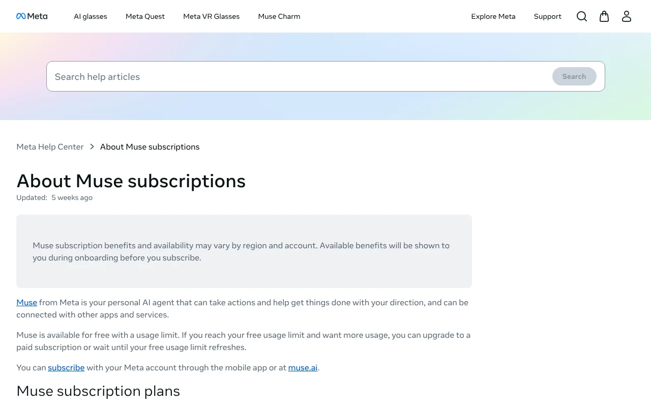 Meta Muse subscription plans page showing whether Meta Muse is free and the paid plan prices