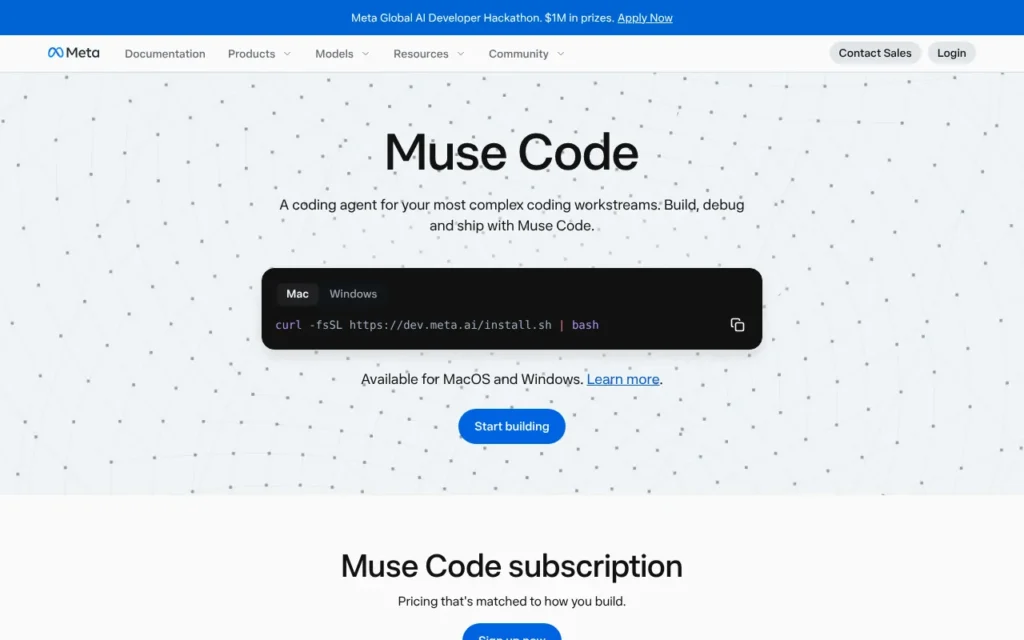 Meta Muse Code product page on dev.meta.ai explaining what Muse Code is, with its install command