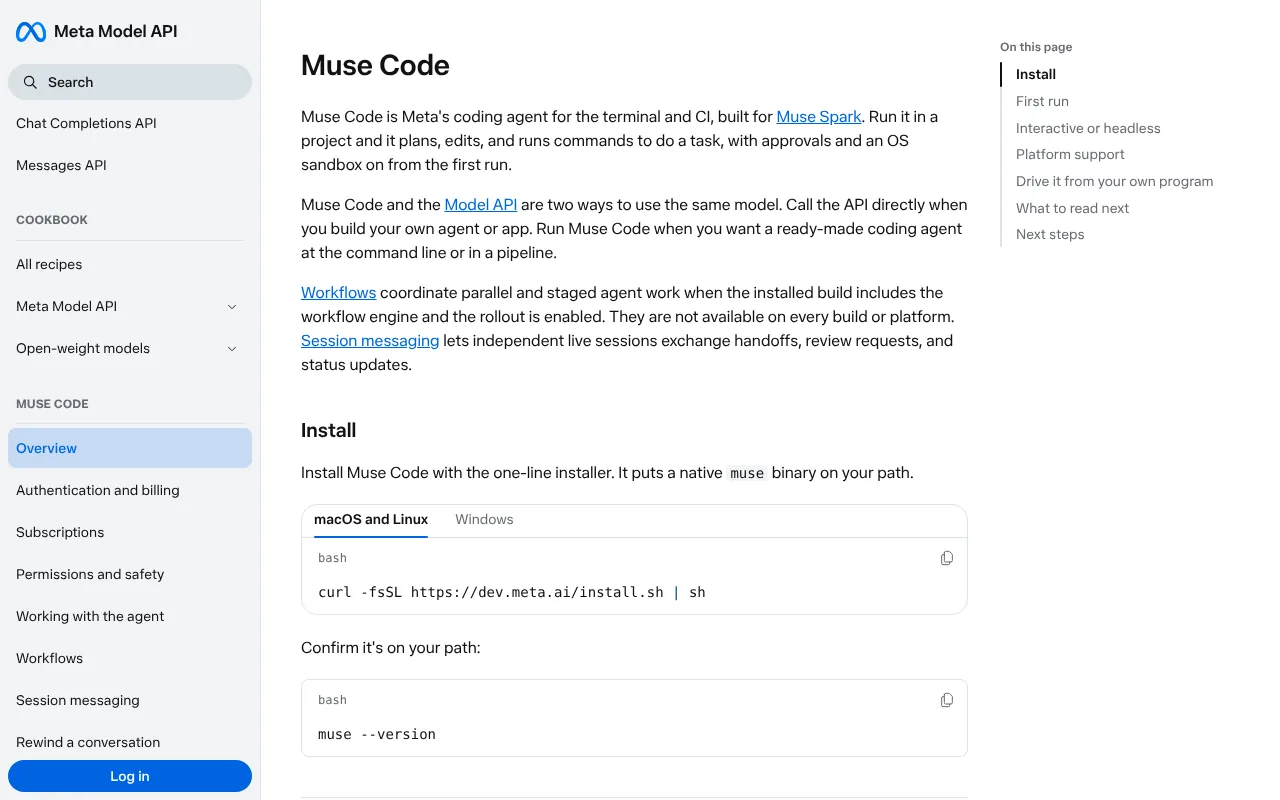 Official Muse Code docs showing how to install Muse Code on Mac, Linux and Windows