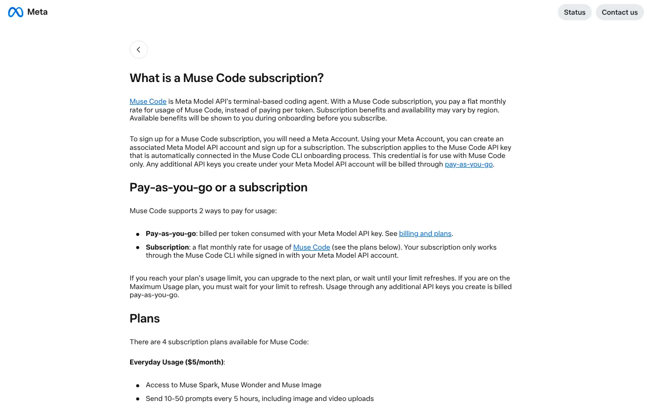 Muse Code pricing page from Meta listing the $5, $15, $50 and $200 Muse Code subscription plans