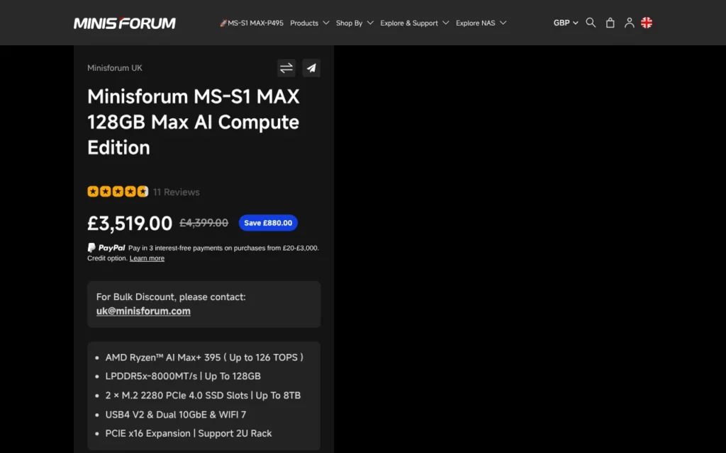 Minisforum MS-S1 MAX product page on Minisforum UK, October 2026