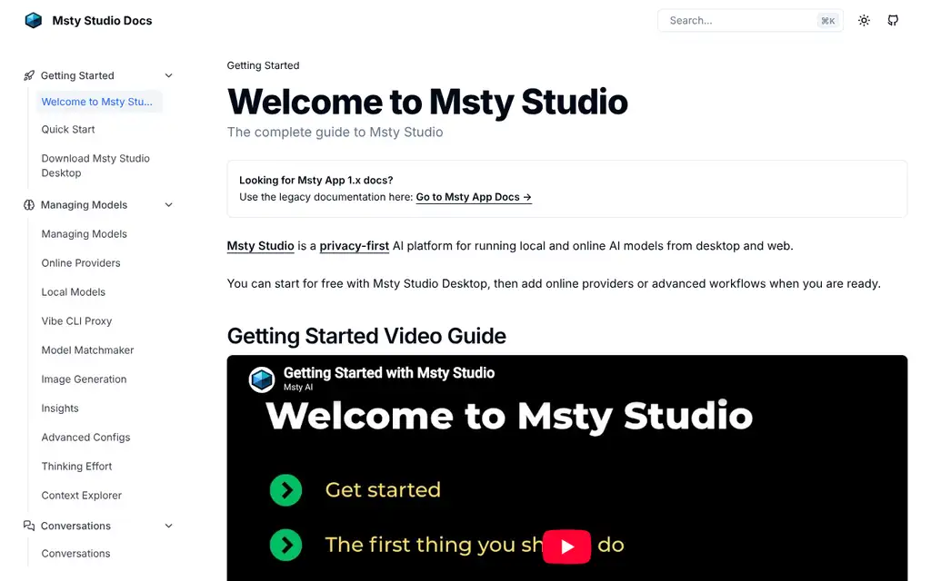 Msty Studio documentation welcome page with the Getting Started menu on the left, a link to the legacy 1.x docs and an embedded getting started video guide