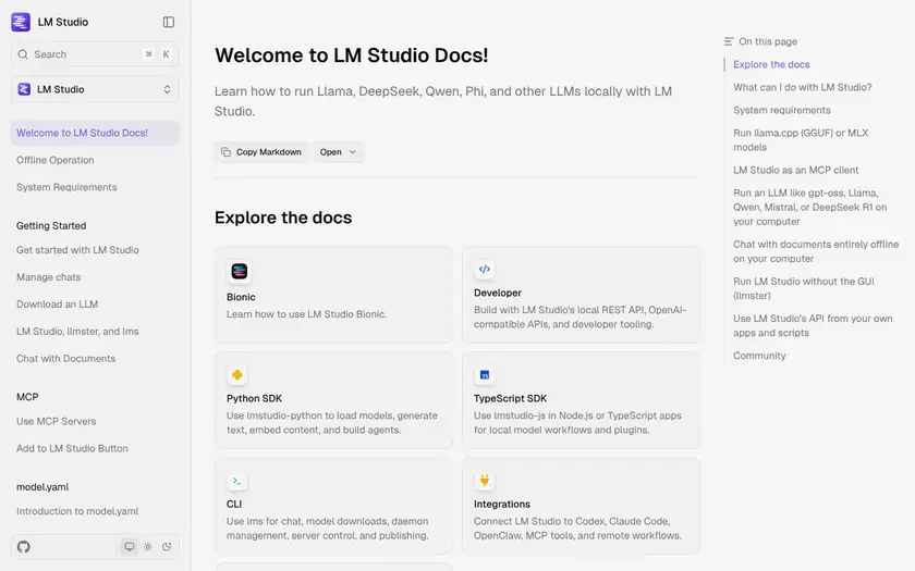 Ollama vs LM Studio: the LM Studio documentation home page, with guides for Bionic, the developer API, the Python and TypeScript SDKs, the lms CLI and integrations