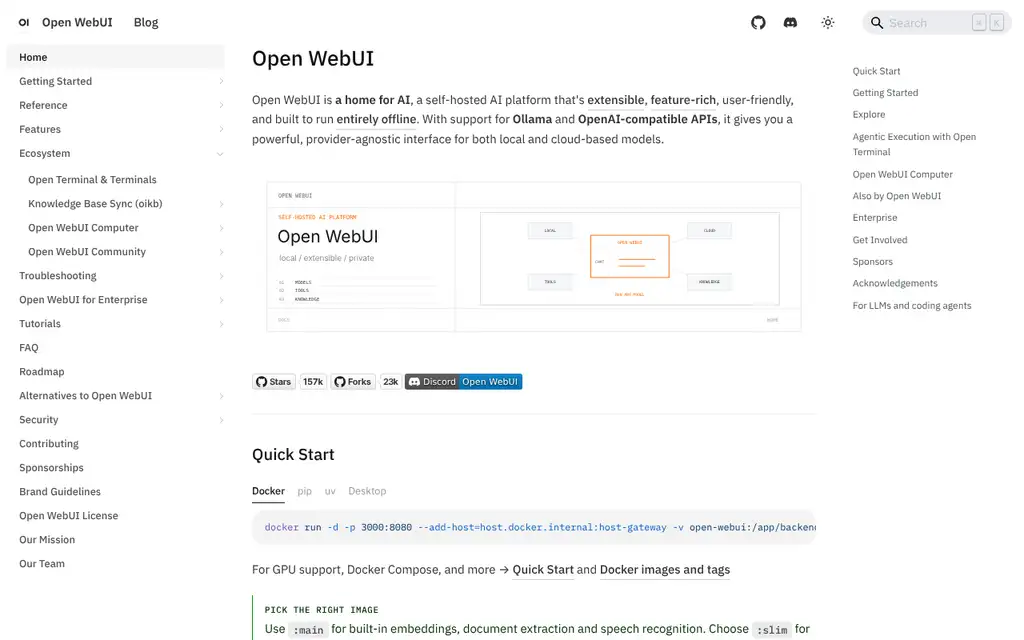 Open WebUI documentation home page with the sidebar menu, a short description of the self-hosted AI platform, GitHub star and fork badges and the Docker quick start command