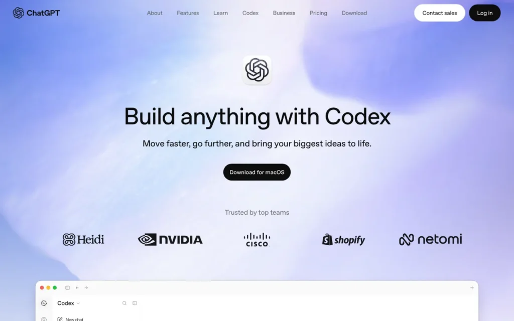 OpenAI Codex official page on chatgpt.com, with a Download for macOS button for the Codex app