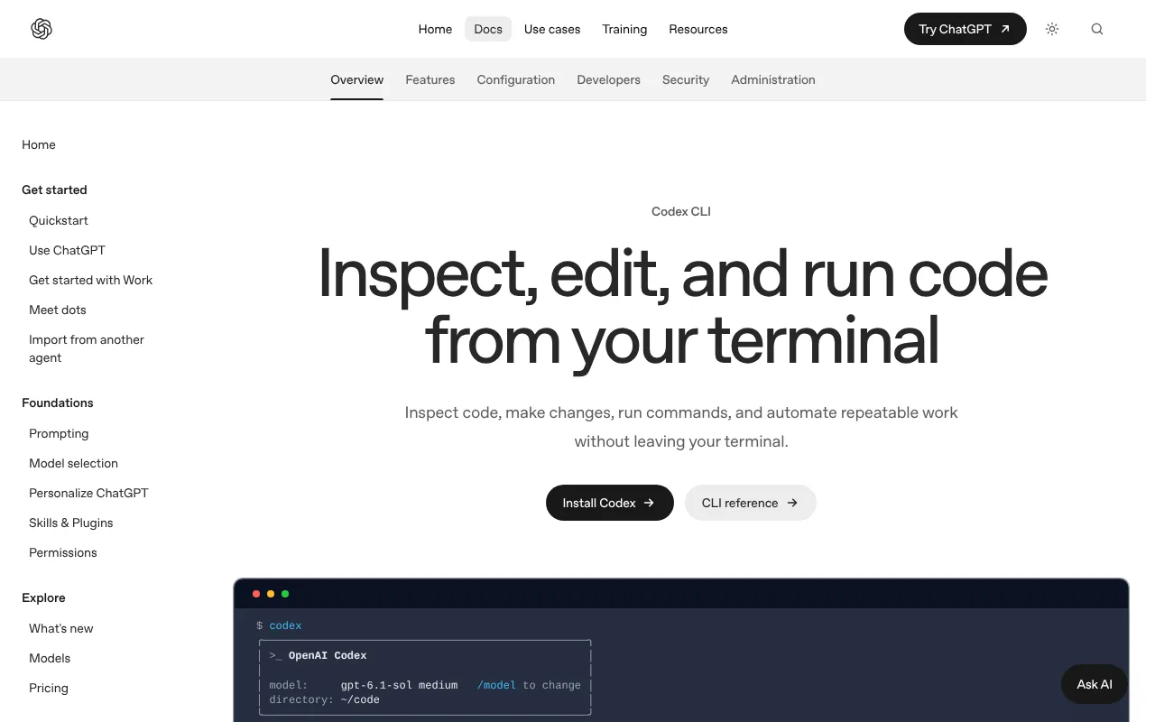 Official Codex CLI page showing how to install Codex CLI with the curl command and sign in with ChatGPT