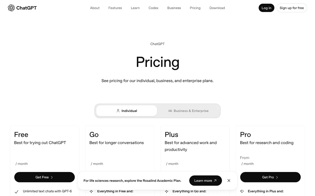 ChatGPT pricing page showing the Free, Go, Plus and Pro plans that include OpenAI Codex
