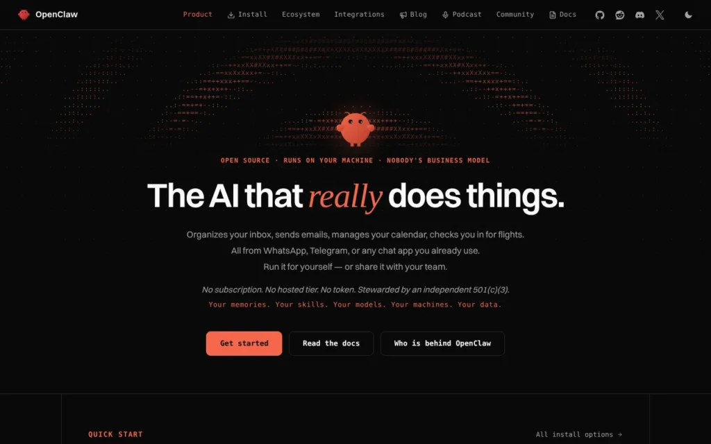 OpenClaw homepage explaining what OpenClaw is, with the one-line install command