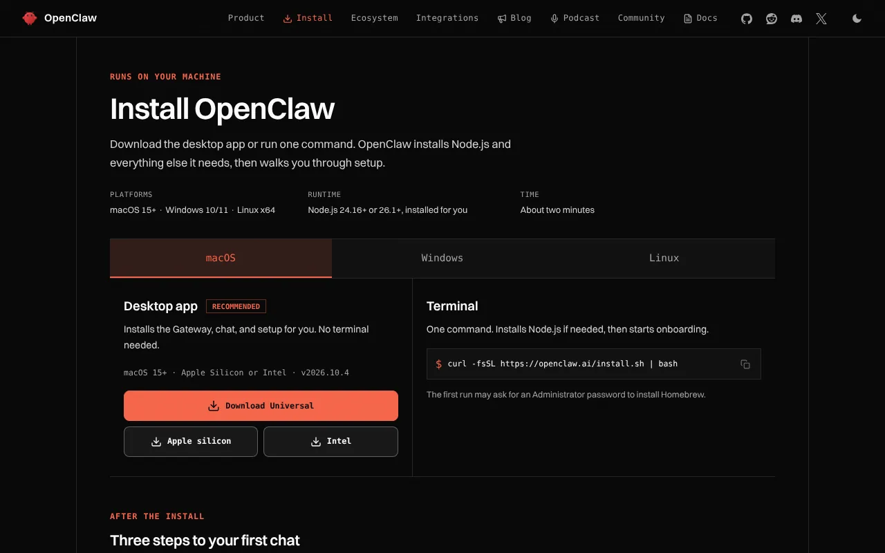 OpenClaw install page with the Mac desktop app download and terminal commands for OpenClaw setup