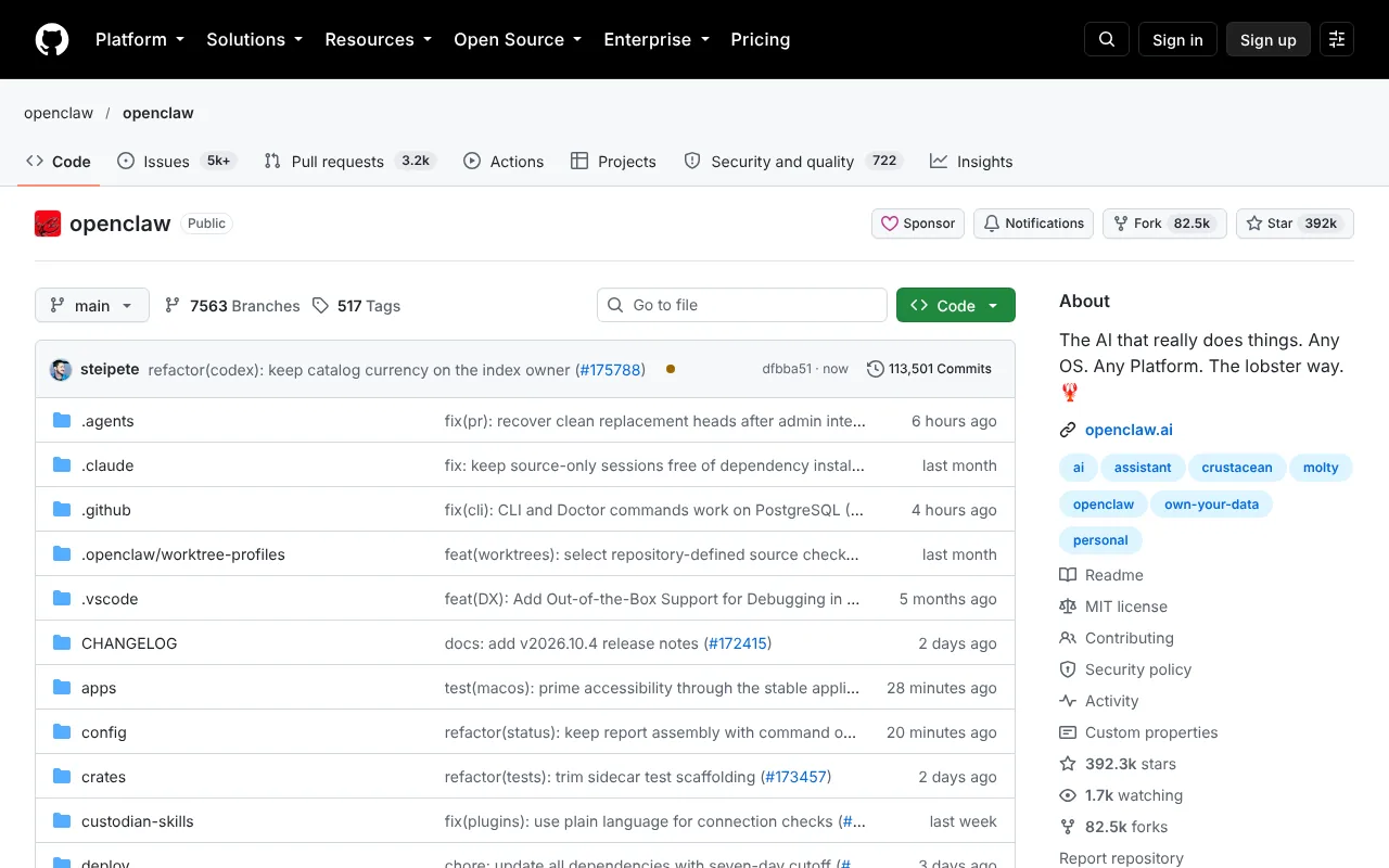 OpenClaw GitHub repository showing the MIT licence and star count