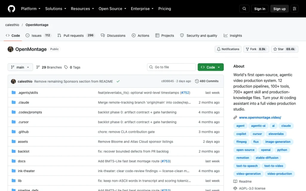 GitHub page for calesthio/OpenMontage, an agentic video production studio